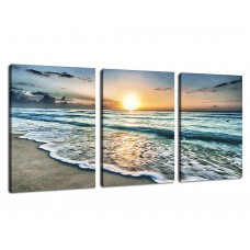 Canvas Art Wall Decoration for Home Office Sunset Beach Blue Waves Painting Contemporary Pictures Seascape Printed on Canvas Ocean Modern Artwork 3 Pieces Framed Ready to Hang